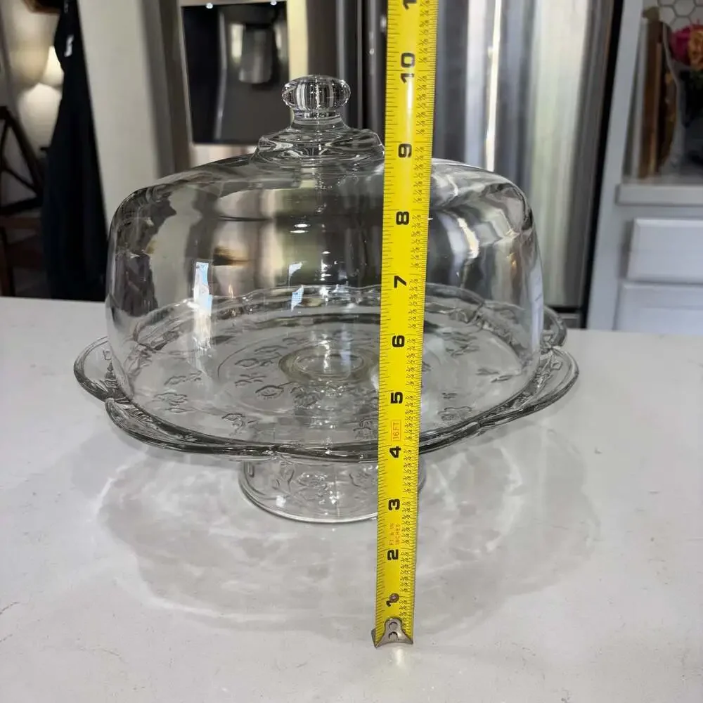 Anchor Hocking Savannah Clear Glass Cake Stand with Dome Lid Floral Scalloped